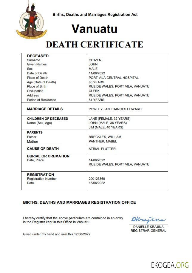 Modèle Word et PDF de certificat de décès de Vanuatu